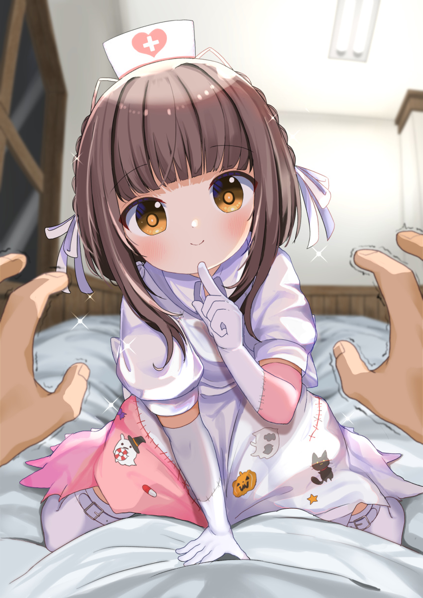 1boy 1girl bed blush brown_eyes brown_hair closed_mouth dress elbow_gloves gloves halloween halloween_costume hat highres indoors kantai_collection looking_at_viewer mugichoko_(mugi_no_choko) nurse_cap official_alternate_costume puffy_short_sleeves puffy_sleeves short_hair_with_long_locks short_sleeves sidelocks smile thighhighs ukuru_(kancolle) white_dress white_gloves white_headwear white_thighhighs