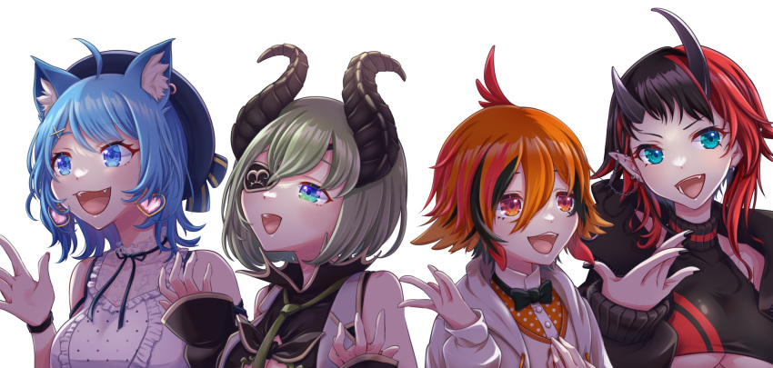 4girls 774_inc. \||/ ahoge animare black_bow black_bowtie black_hair black_jacket black_nails black_ribbon black_sleeves black_sports_bra blue_eyes blue_hair blue_headwear blush bow bowtie breasts brown_horns buttons clothing_cutout commentary_request demon_girl demon_horns detached_sleeves ear_bar ear_chain ear_piercing earrings eyepatch fang fingernails flat_chest frilled_shirt frills green_hair green_necktie grey_vest hair_between_eyes heart heart_earrings highres honey_strap hood hood_down hoodie horns jacket jewelry kazami_kuku large_breasts long_sleeves looking_afar looking_at_viewer medium_breasts multicolored_hair multiple_girls neck_ribbon necktie open_clothes open_hoodie open_jacket open_mouth orange_eyes orange_hair orange_shirt piercing pointy_ears polka_dot polka_dot_shirt red_hair reona_kfc02 ribbon ryugasaki_rene sekishiro_mico shirt short_hair shoulder_cutout simple_background smile souya_ichika sports_bra sugar_lyric teeth two-tone_hair underboob upper_body vest virtual_youtuber white_background white_hoodie white_shirt wristband zipper