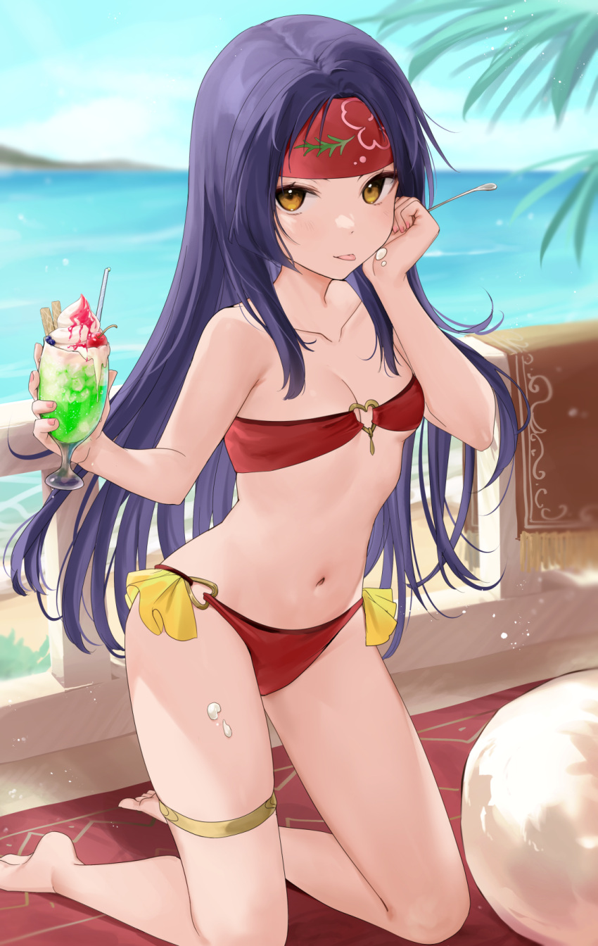 1girl bare_shoulders bikini breasts collarbone commission cup fire_emblem fire_emblem:_radiant_dawn food_on_hand haru_(nakajou-28) headband heart_o-ring heart_ring_top highres holding holding_cup holding_spoon kneeling long_hair looking_at_viewer navel ocean parfait pixiv_commission purple_hair red_bikini red_headband sanaki_kirsch_altina small_breasts solo spoon swimsuit tongue tongue_out yellow_eyes