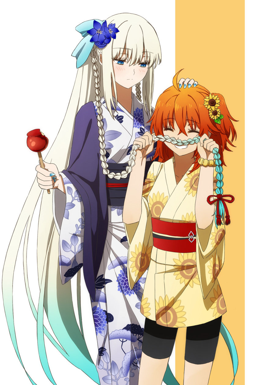 2girls ahoge blue_eyes braid breasts closed_eyes fate/grand_order fate_(series) french_braid fujimaru_ritsuka_(female) grey_hair grin hair_ribbon highres japanese_clothes kimono large_breasts long_hair long_sleeves medium_breasts morgan_le_fay_(fate) multiple_girls obi oiun one_side_up orange_hair ponytail ribbon sash short_hair sidelocks smile very_long_hair wide_sleeves