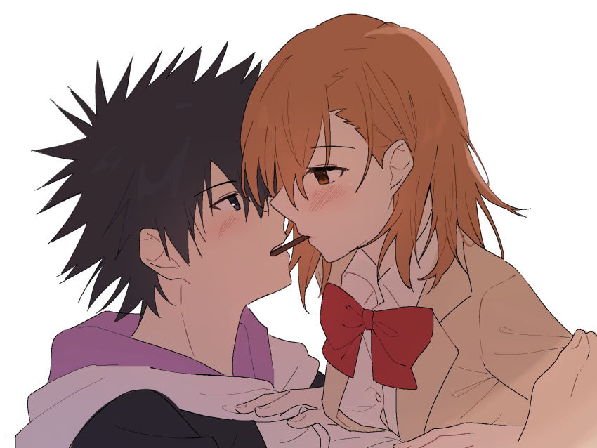 1boy 1girl black_eyes black_hair black_jacket blazer blush bow bowtie brown_eyes brown_hair brown_jacket clothes_grab eye_contact food food_in_mouth hair_behind_ear hair_between_eyes harumi61 highres hood hood_down hooded_jacket jacket kamijou_touma long_sleeves looking_at_another medium_hair misaka_mikoto pocky pocky_day pocky_in_mouth pocky_kiss red_bow red_bowtie school_uniform shared_food sleeve_grab spiked_hair teeth toaru_kagaku_no_railgun toaru_majutsu_no_index tokiwadai_school_uniform upper_body upper_teeth_only white_background winter_uniform