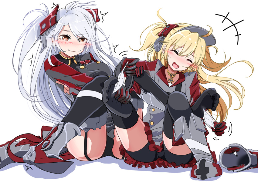 2girls admiral_hipper_(azur_lane) azur_lane bike_shorts bike_shorts_under_skirt black_panties black_shorts black_thighhighs blonde_hair blush buttons closed_eyes commission double-breasted feathers garter_straps grey_hair long_hair long_sleeves multiple_girls open_mouth orange_eyes panties pixiv_commission prinz_eugen_(azur_lane) shoes shoes_removed short_shorts shorts shorts_under_skirt simple_background sitting smile solo spread_legs thighhighs tickling toro_yurei two_side_up underwear white_background