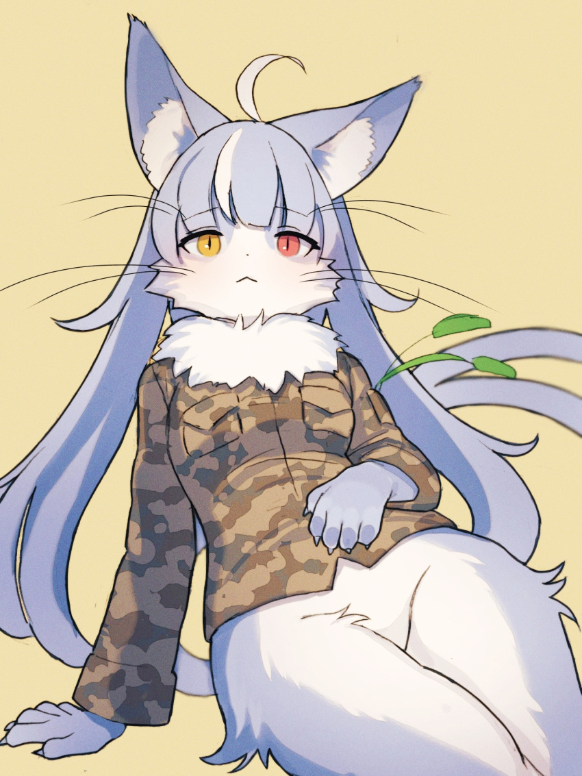 2023 5_fingers :&lt; ahoge anthro arm_support biped blue_body blue_ears blue_fur blue_hair blue_inner_ear blue_tail bottomless bottomless_anthro bottomless_female bottomwear breasts brown_clothing brown_shirt brown_topwear camo camo_bottomwear camo_clothing camo_print camo_topwear cheek_tuft claws clothed clothing colored countershade_face countershade_fur countershade_legs countershade_neck countershading digital_drawing_(artwork) digital_media_(artwork) domestic_cat eyelashes facial_tuft featureless_crotch felid feline felis female finger_claws fingers fluffy forked_tail front_view fur hair heterochromia hi_res hip_tuft humanoid_hands inner_ear_fluff japan_air_self-defense_force kemono long_hair looking_at_viewer male_(lore) mammal miromari monotone_ears monotone_hair monotone_tail multicolored_body multicolored_fur neck_tuft omaneko_(jasdf) pattern_bottomwear pattern_clothing pattern_topwear pink_eyes pockets portrait pupils shaded shirt shirt_pocket sitting slit_pupils small_breasts solo tail three-quarter_portrait topwear tuft two_tone_body two_tone_fur unusual_anatomy unusual_tail whiskers white_body white_countershading white_fur white_inner_ear_fluff wide_hips yellow_eyes