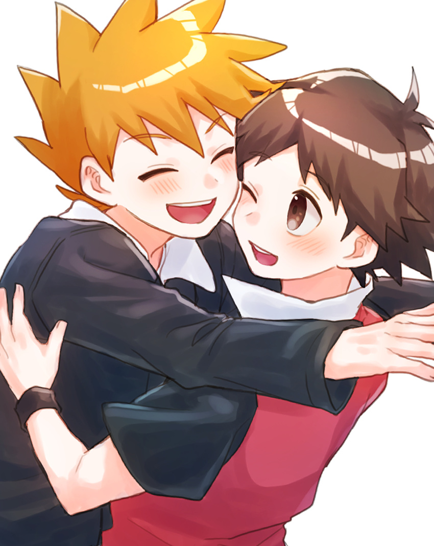 2boys :d ;d black_jacket blonde_hair blue_oak blush brown_eyes brown_hair closed_eyes collared_shirt commentary_request highres hug jacket looking_at_viewer male_focus mochi_(mocchi_p_2m) multiple_boys one_eye_closed open_mouth pokemon pokemon_(game) pokemon_hgss red_(pokemon) shirt short_hair short_sleeves smile spiked_hair teeth tongue upper_body upper_teeth_only white_background white_shirt wristband