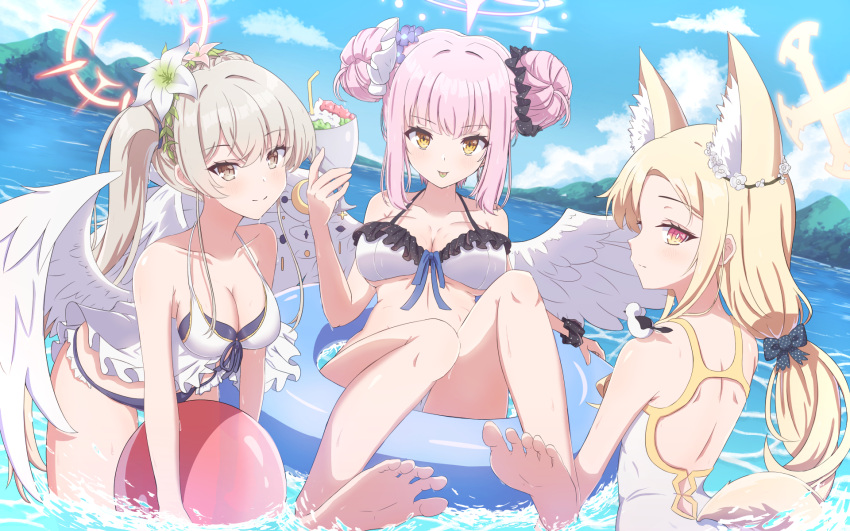 3girls :p animal_ear_fluff animal_ears ball bare_shoulders beachball bikini black_bikini black_scrunchie blonde_hair blue_archive blue_flower blue_sky breasts brown_eyes brown_hair casual_one-piece_swimsuit cleavage closed_mouth cloud collarbone commentary_request day double_bun flower hair_between_eyes hair_bun hair_flower hair_ornament halo highres holding holding_ball innertube large_breasts leaning_forward long_hair mika_(blue_archive) multiple_girls nagisa_(blue_archive) one-piece_swimsuit outdoors pink_flower pink_hair red_eyes scrunchie seia_(blue_archive) side_ponytail sky smile swimsuit synn032 tail tongue tongue_out very_long_hair wading water white_bikini white_flower white_one-piece_swimsuit wrist_scrunchie yellow_eyes