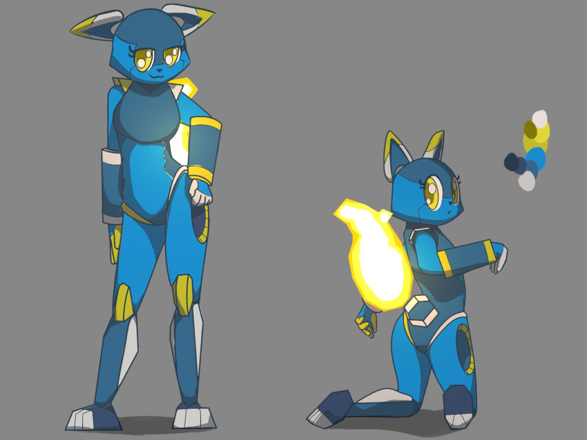 5_fingers blue_body clothing e621 esix felid feline female fingers fire flaming_tail hi_res humanoid kneeling looking_at_viewer machine mammal mascot multiple_poses pose robot shatterstone simple_background smile solo standing tail topwear yellow_eyes