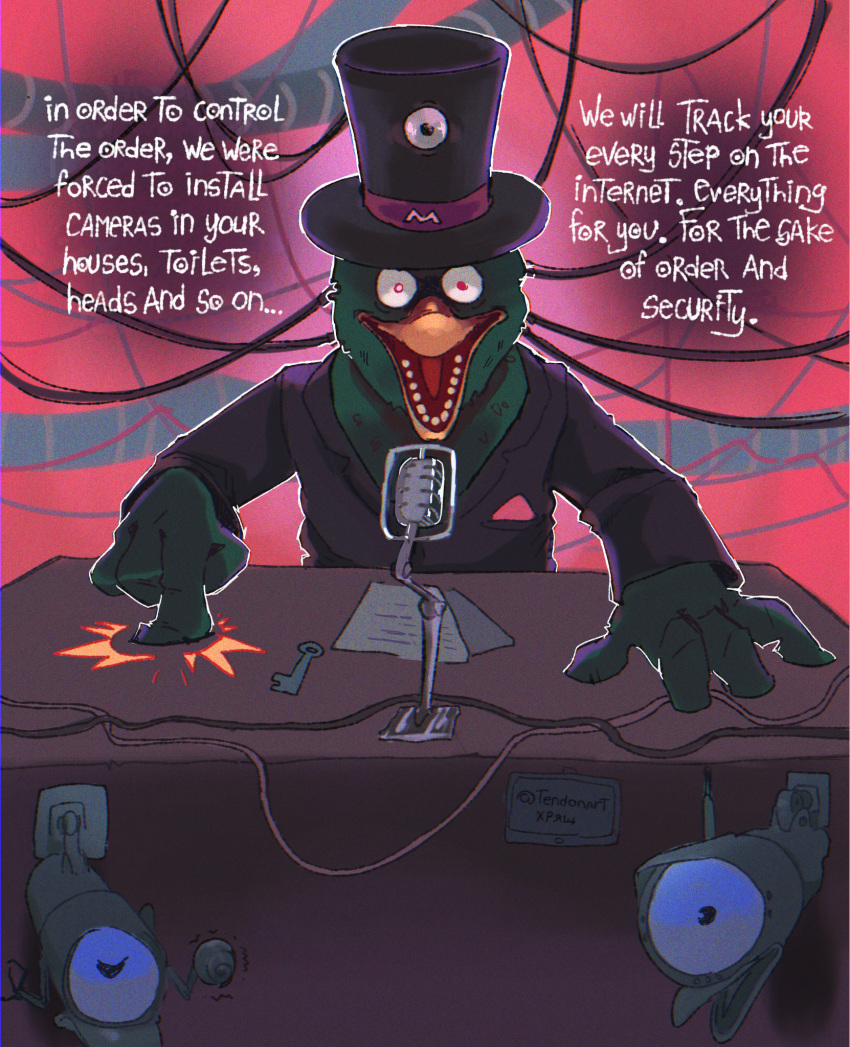 ambiguous_gender anthro avian beak bird camera clothing dialogue don't_hug_me_i'm_scared duck_guy_(dhmis) feathers furniture green_body green_feathers hat headgear headwear hi_res key microphone open_mouth paper solo suit table tendonart toothed_beak top_hat wakey_wakey_pilot wire