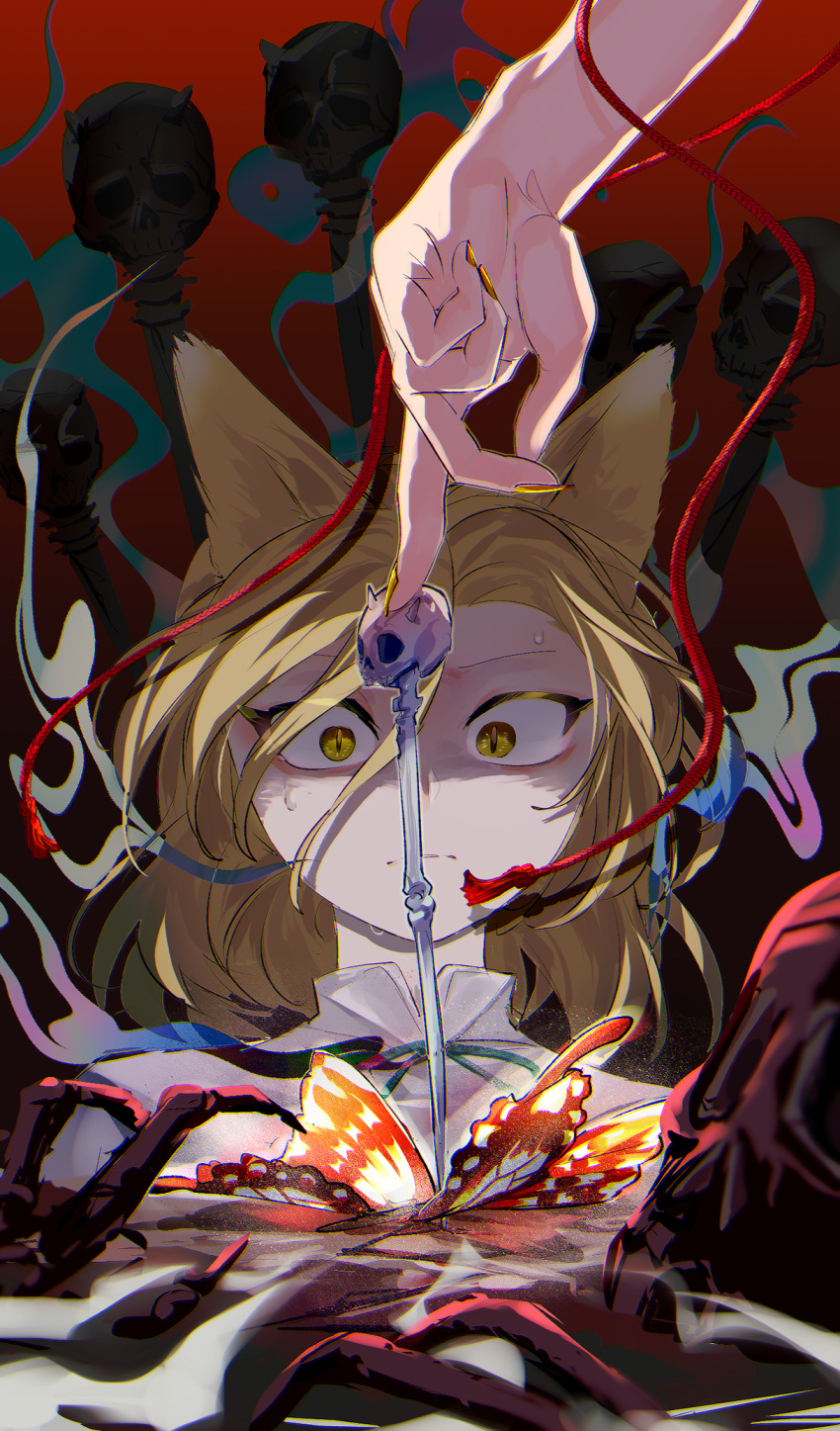 1girl animal animal_ears blonde_hair bug butterfly chamaruk closed_mouth fingernails fox_ears green_ribbon highres kudamaki_tsukasa nail_polish nippaku_zanmu red_butterfly ribbon romper shaded_face short_hair solo touhou unfinished_dream_of_all_living_ghost white_romper yellow_eyes yellow_nails