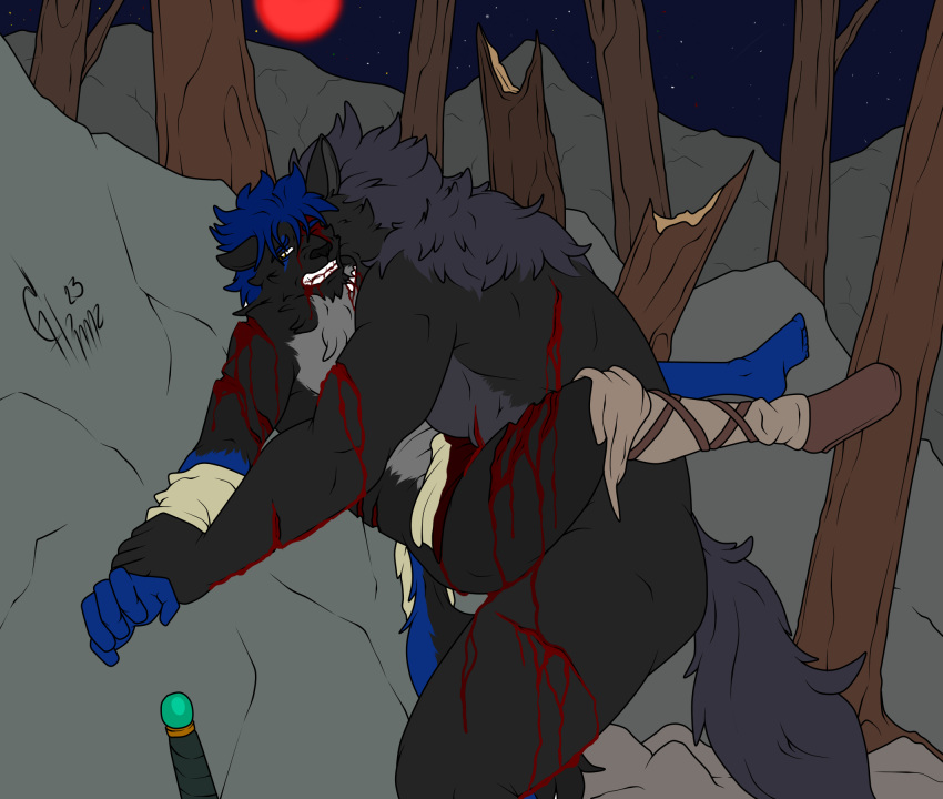 anthro blood bodily_fluids brother_(lore) canid canine canis duo eclipse_silverwolf gore hi_res hunterramirez male male/male mammal muscular rykus sibling_(lore) wolf