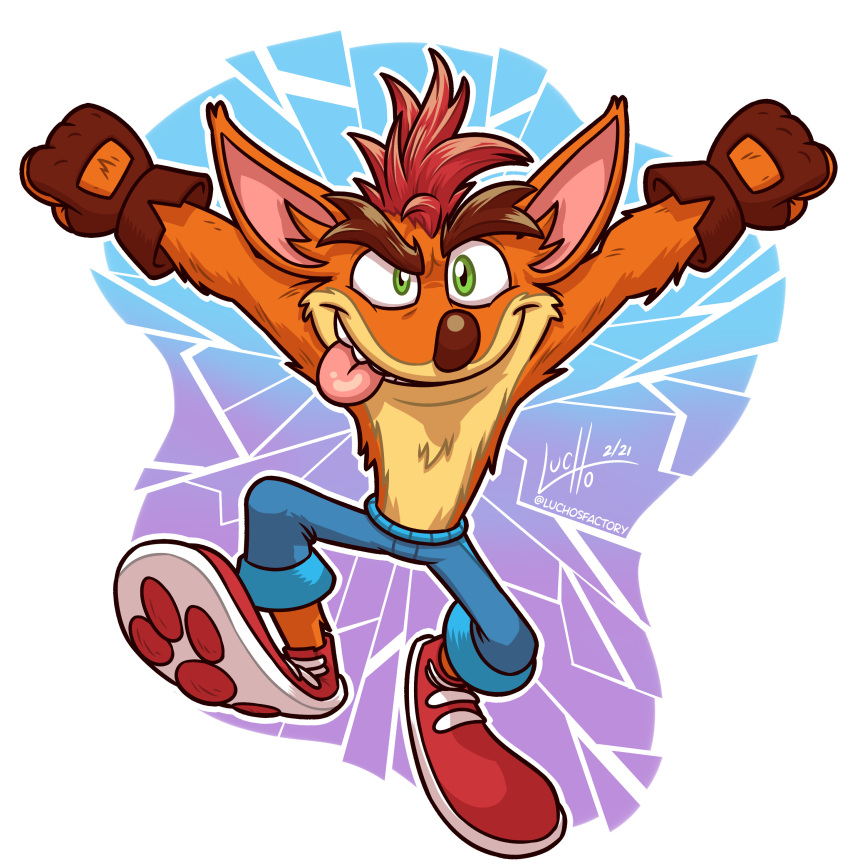 1boy absurdres artist_name blue_pants brown_gloves clenched_hands crash_bandicoot crash_bandicoot_(series) dated furry gloves green_eyes highres looking_at_viewer luchosfactory pants red_footwear shoes solo tongue tongue_out watermark