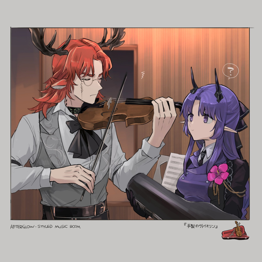 1boy 1girl ? animal_ears antlers arknights ascot black_ascot black_gloves black_jacket black_necktie black_ribbon border closed_eyes closed_mouth collared_shirt corsage czerny_(arknights) deer_antlers deer_boy deer_ears english_text flower furrowed_brow gloves grey_border grey_vest hair_ribbon half_updo hibiscus_(arknights) hibiscus_the_purifier_(arknights) highres holding horns indoors infection_monitor_(arknights) instrument instrument_case jacket long_hair long_sleeves looking_at_another monocle music music_stand necktie noshima open_clothes open_jacket orange_hair parted_bangs pink_flower playing_instrument pointy_ears purple_eyes purple_hair purple_vest ribbon scowl sheet_music shirt smile spoken_question_mark squiggle upper_body vest violin white_shirt