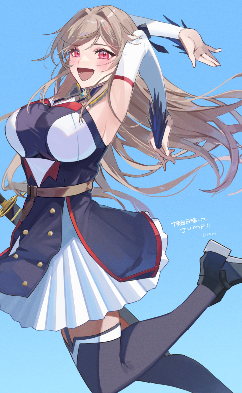 1girl :d absurdres armpits artist_name belt black_footwear blue_background blue_thighhighs blush breasts brown_belt dress floating_hair furen_e_lustario garter_straps gradient_background hair_between_eyes hair_intakes highres jumping large_breasts light_brown_hair long_hair looking_at_viewer midair nijisanji only_up! open_mouth pleated_skirt red_eyes shoes short_dress signature simple_background sirom skirt sky sleeveless sleeveless_dress smile solo thighhighs translation_request very_long_hair virtual_youtuber zettai_ryouiki