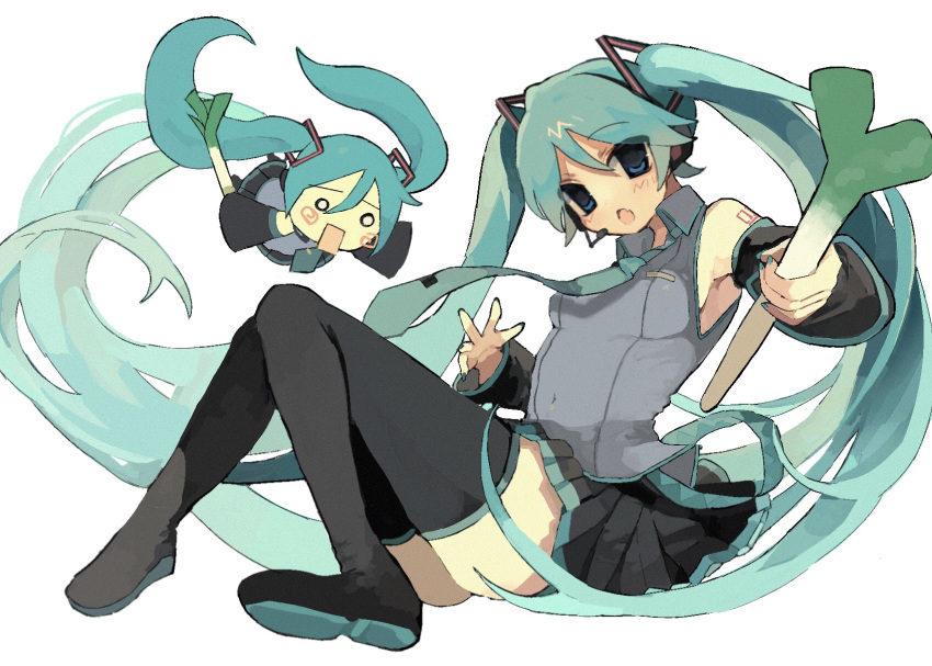 2girls absurdly_long_hair aqua_eyes aqua_hair black_footwear black_skirt black_sleeves blue_necktie blush_stickers boots detached_sleeves floating_hair food full_body grey_shirt hachune_miku hatsune_miku highres holding holding_food holding_spring_onion holding_vegetable kmnk_(kumanuko) long_hair midair multiple_girls necktie o_o open_mouth pleated_skirt shirt skirt sleeveless sleeveless_shirt spring_onion thigh_boots twintails vegetable very_long_hair vocaloid