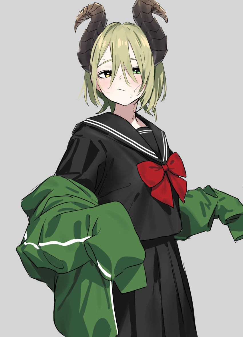 1girl 774_inc. black_sailor_collar black_serafuku black_skirt blush closed_mouth green_eyes green_jacket grey_background grey_hair hair_between_eyes heterochromia highres honey_strap horns jacket kakkokari_meshi long_sleeves looking_at_viewer open_clothes open_jacket sailor_collar school_uniform sekishiro_mico serafuku short_hair simple_background skirt sleeves_past_fingers sleeves_past_wrists solo sweat virtual_youtuber yellow_eyes