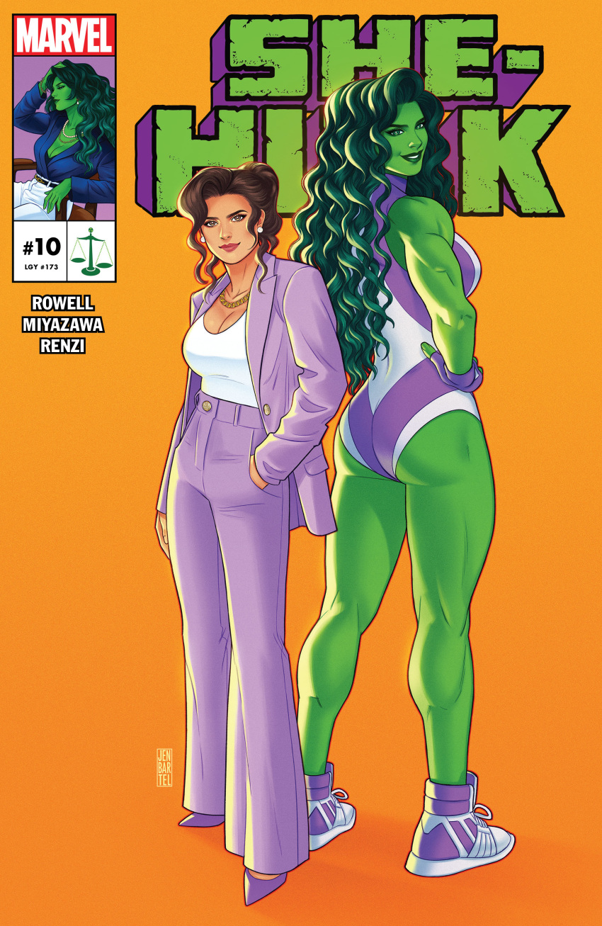 2girls absurdres artist_name brown_hair character_name colored_skin company_name copyright_name dual_persona english_text green_eyes green_hair green_skin hand_in_pocket highres jacket jen_bartel leotard logo long_hair looking_at_viewer marvel multiple_girls open_clothes open_jacket pants purple_jacket purple_pants she-hulk shirt shoes watermark white_shirt