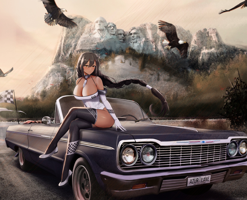 1girl absurdres alternate_costume azur_lane bald_eagle bird black_thighhighs braid braided_ponytail breasts car character_name checkered_flag chevrolet chevrolet_impala cleavage copyright_name crossed_legs dark-skinned_female dark_skin eagle eagle_union_(emblem) elbow_gloves flag full_body gloves highleg highleg_leotard highres kcar66t large_breasts leotard license_plate long_hair motor_vehicle mount_rushmore muscle_car product_placement race_queen real_world_location road sitting_on_car south_dakota_(azur_lane) thighhighs third-party_source white_leotard