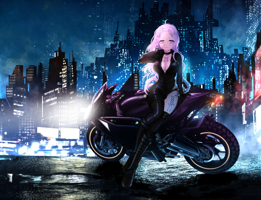 1girl absurdres amiya_aranha arthropod_limbs black_bodysuit black_footwear black_gloves black_thighhighs blush bodysuit city commission english_commentary extra_legs gloves glowing hair_ornament hairclip hand_on_own_shoulder highres indie_virtual_youtuber long_hair looking_at_viewer motor_vehicle motorcycle on_motorcycle purple_eyes purple_hair sakana_(midorikame) second-party_source single_thighhigh sitting skeb_commission smile solo thighhighs virtual_youtuber