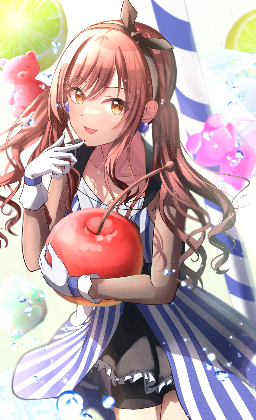 1girl absurdres air_bubble bike_shorts_under_skirt blue_dress blush bubble cherry citrusmikan dress drinking_straw earrings finger_to_mouth food fruit gloves gummy_bear hair_ribbon hairband hand_up highres holding holding_food holding_fruit idolmaster idolmaster_shiny_colors jewelry lime_(fruit) long_hair looking_at_viewer official_alternate_costume official_alternate_hairstyle open_mouth osaki_amana oversized_food oversized_object red_hair ribbon smile solo striped striped_dress swept_bangs twintails vertical-striped_dress vertical_stripes wavy_hair white_gloves yellow_eyes