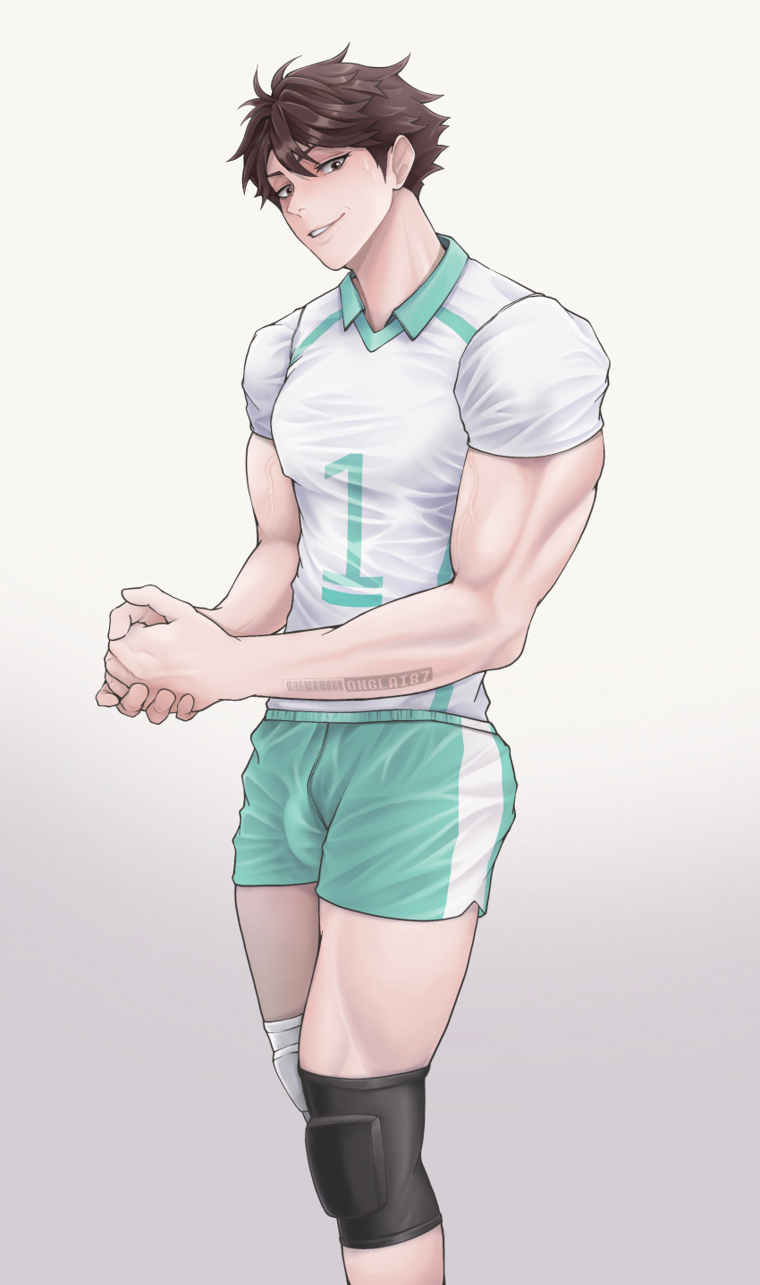 1boy abs absurdres arm_tattoo brown_hair bulge covered_nipples covered_penis erection erection_under_clothes gradient_background grey_background gym_shorts highres knee_pads large_pectorals large_penis looking_at_viewer male_focus muscular muscular_male oikawa_tooru_(haikyuu!!) onglai87 pectoral_cleavage pectorals penis seductive_smile shorts simple_background smile solo sportswear tattoo veins veiny_arms volleyball_uniform white_background