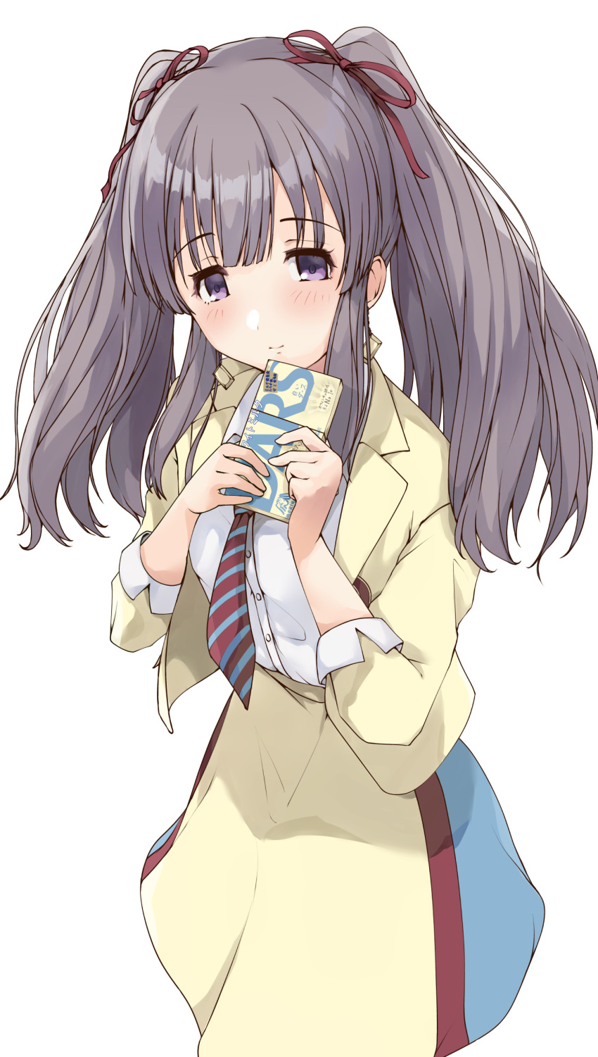 1girl absurdres blue_skirt blush breasts closed_mouth commentary_request dars diagonal-striped_necktie grey_hair hair_ribbon hands_up highres holding idolmaster idolmaster_shiny_colors jacket kuroba_aki long_hair long_sleeves looking_at_viewer open_clothes open_jacket purple_eyes red_ribbon ribbon shirt simple_background skirt small_breasts smile solo twintails white_background white_shirt yellow_jacket yellow_skirt yukoku_kiriko