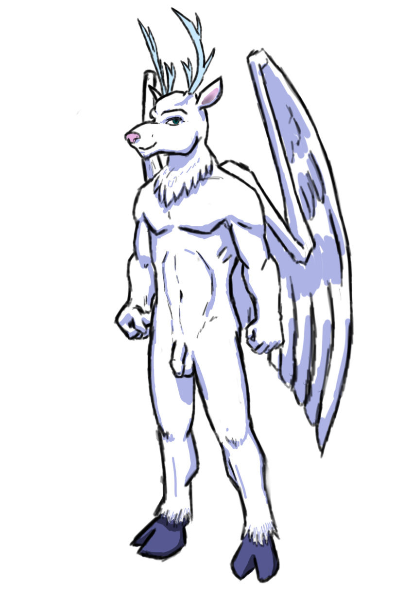 2012 alpha_channel anthro antlers athletic athletic_anthro athletic_male balls biped deer disney feathered_wings feathers fist flaccid foreskin fur gargoyle gargoyles genitals hi_res hooves horn humanoid_genitalia humanoid_penis male mammal navel nude pecs penis pink_inner_ears pink_nose pose serratus simple_background smile solo staghart standing teal_eyes thecosmosowl transparent_background white_antlers white_balls white_body white_fur white_penis white_wings wings