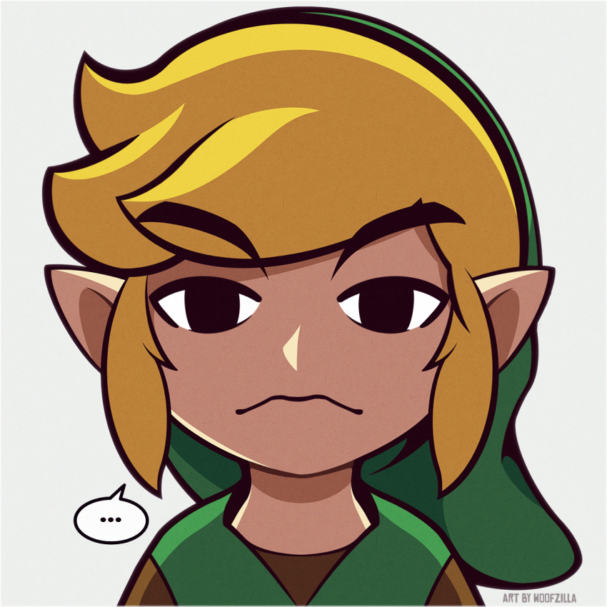 2022 blonde_hair clothing ellipsis hair hat headgear headwear hi_res humanoid humanoid_pointy_ears hylian light_body light_skin looking_at_viewer male nintendo not_furry signature simple_background solo speech_bubble the_legend_of_zelda toon_link unimpressed wind_waker woofzilla