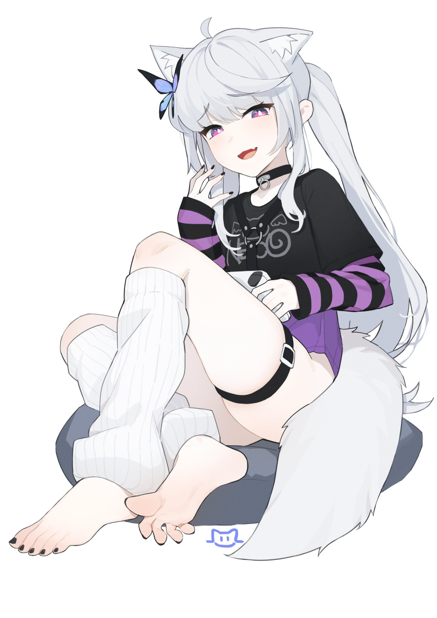 1girl :3 absurdres ahoge animal_ear_fluff animal_ears barefoot black_choker black_nails black_shirt bug butterfly character_request choker commentary controller copyright_request eyelashes fang feet full_body game_controller grey_hair hand_up highres holding knee_up lan_mao_akko leg_warmers legs long_hair long_sleeves looking_at_viewer nail_polish no_pants open_mouth pillow ponytail purple_eyes shirt sidelocks simple_background sitting skin_fang sleeves_past_wrists smug solo spread_toes striped_sleeves symbol-only_commentary t-shirt tail toenail_polish toenails toes white_background