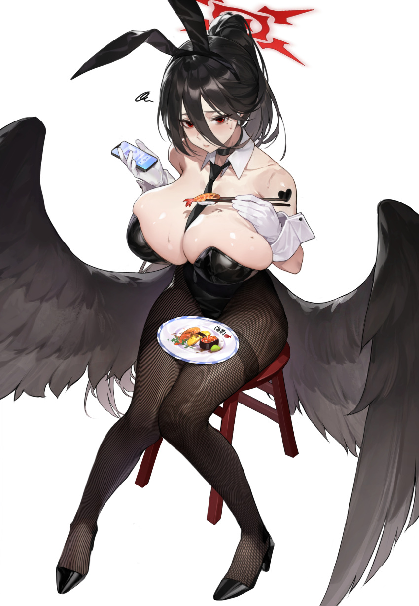 1girl absurdres alter bare_shoulders black_footwear black_hair black_wings blue_archive breasts brown_pantyhose cellphone chair collarbone fishnet_pantyhose fishnets food full_body gloves hair_between_eyes halo hasumi_(blue_archive) highres holding holding_phone huge_breasts long_hair looking_at_viewer necktie on_chair pantyhose phone plate red_eyes shoes simple_background sitting solo sushi white_background white_gloves wings