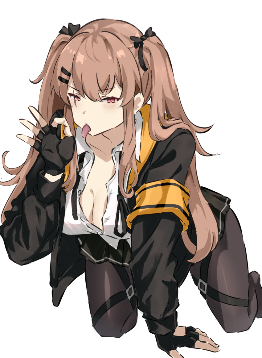 1girl black_pantyhose breasts brown_hair fellatio_gesture girls'_frontline highres jacket long_hair looking_at_viewer mutugorou_u open_clothes open_mouth pantyhose pleated_skirt scar scar_on_face shirt skirt solo twintails ump9_(girls'_frontline) white_shirt