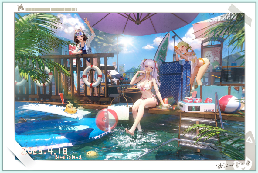 1boy 4girls absurdres akashi_(azur_lane) azur_lane ball beachball bikini camera can cellphone coca-cola commander_(azur_lane) cooler dated day duca_degli_abruzzi_(azur_lane) duca_degli_abruzzi_(lustrous_onyx_sirenetta)_(azur_lane) giuseppe_garibaldi_(azur_lane) hat highres horns manjuu_(azur_lane) multiple_girls noshiro_(azur_lane) noshiro_(unwinding_in_the_sunshine)_(azur_lane) official_alternate_costume one-piece_swimsuit oni_horns phone plymouth_(azur_lane) plymouth_(heart-throbbing_refreshment)_(azur_lane) product_placement smartphone soda_bottle soda_can surfboard swimsuit ta03545