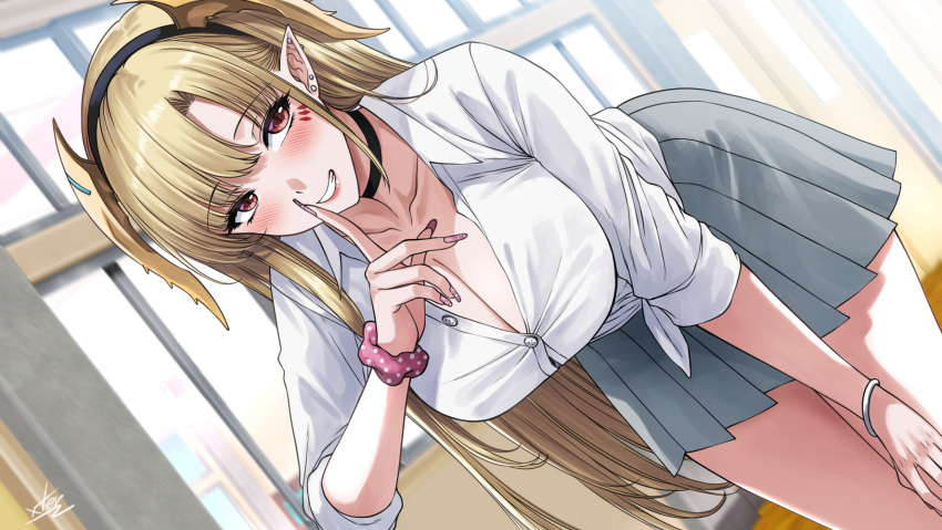 1girl black_choker blonde_hair bracelet breasts choker collared_shirt ear_piercing finger_to_mouth grey_skirt highres horns indoors jewelry large_breasts leaning_forward lips long_hair long_sleeves looking_at_viewer original partially_unbuttoned piercing pink_nails pleated_skirt pointy_ears red_eyes school school_uniform scrunchie shirt shushing skirt solo teeth white_shirt wrist_scrunchie xter