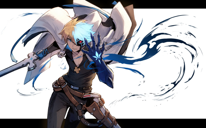 1boy blonde_hair blue_eyes blue_hair dragon_install guilty_gear guilty_gear_strive heterochromia highres holding holding_sword holding_weapon kuroi_susumu ky_kiske long_sleeves looking_at_viewer male_focus red_eyes short_hair simple_background sword thunderseal weapon