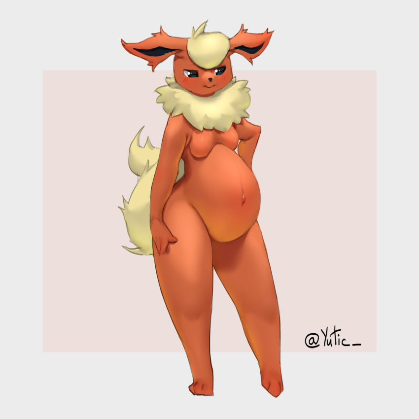 1:1 3_fingers 3_toes anthro artist_name barefoot belly big_belly big_breasts black_nose blonde_hair blue_eyes blush breasts chest_tuft digital_media_(artwork) eeveelution featureless_breasts feet female fingers flareon full-length_portrait fur generation_1_pokemon hair hand_on_leg hand_on_thigh hi_res mammal navel nintendo nude outie_navel overweight pokemon pokemon_(species) portrait pregnant pregnant_female red_body red_fur signature simple_background solo standing tail toes tuft yutic