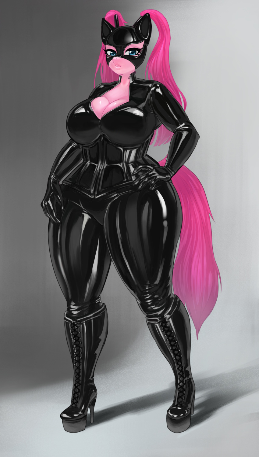 2022 anthro anthrofied big_breasts boots breasts cleavage clothed clothing earth_pony equid equine female footwear friendship_is_magic hair hand_on_hip hasbro hi_res high_heeled_boots high_heels horse latex_mask looking_at_viewer mammal mask my_little_pony pigtails pink_body pink_hair pinkie_pie_(mlp) pony rubber shiny_latex simple_background solo standing text thick_thighs tight_clothing transfaled_(fwexz) url wide_hips