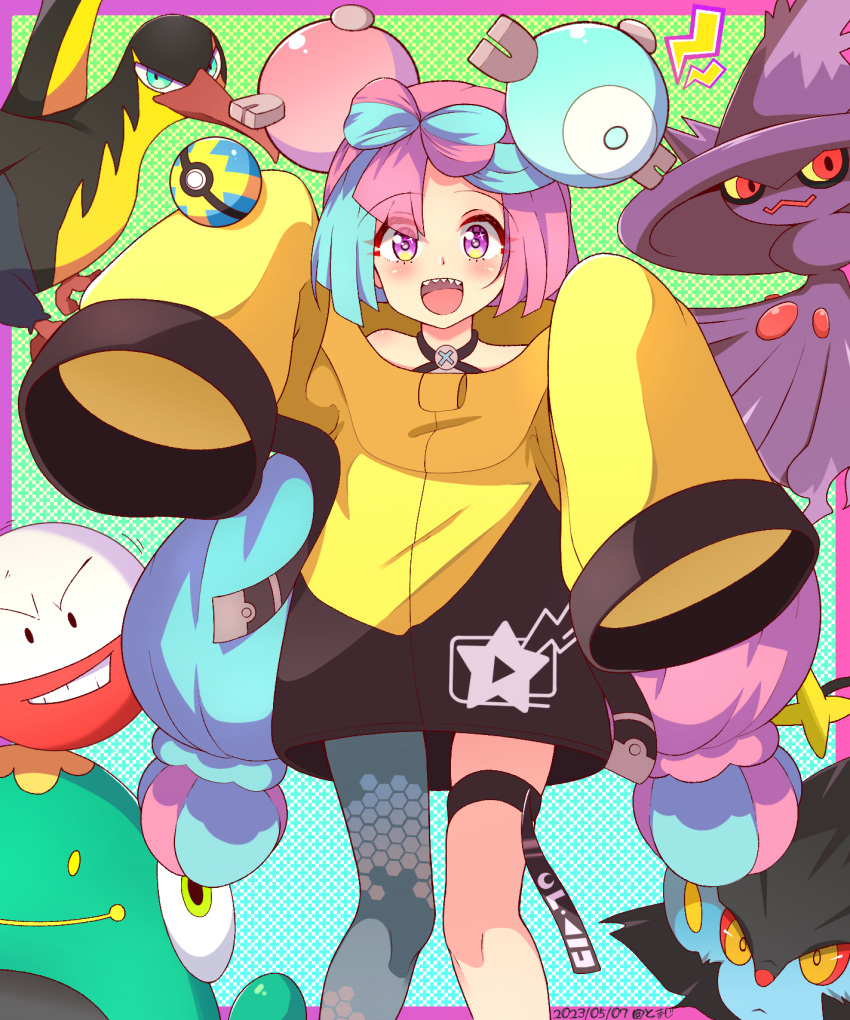 1girl :d bellibolt blush character_hair_ornament commentary_request dated electrode_(pokemon) green_hair grey_pantyhose hair_ornament hands_up highres iono_(pokemon) jacket kilowattrel knees long_hair luxray mismagius multicolored_hair open_mouth pantyhose pink_hair poke_ball pokemon pokemon_(creature) pokemon_(game) pokemon_sv purple_eyes quick_ball single_leg_pantyhose smile teeth thigh_strap tomazi tongue twintails two-tone_hair upper_teeth_only yellow_jacket