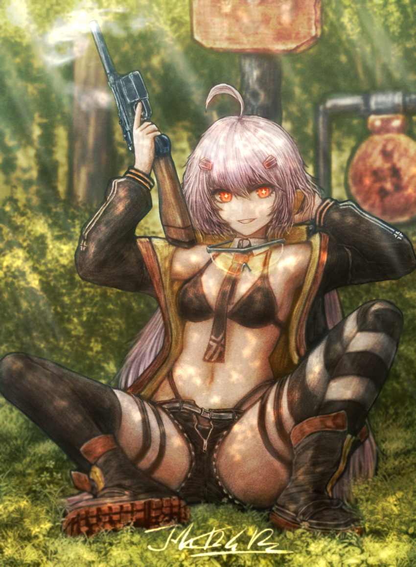 1girl ahoge asymmetrical_legwear bikini black_bikini black_shorts black_thighhighs boots breasts c96_(girls'_frontline) c96_(mod3)_(girls'_frontline) commentary dappled_sunlight detached_collar english_commentary eyewear_around_neck full_body girls'_frontline grass grin gun hair_ornament handgun highleg highleg_bikini highres holding holding_gun holding_weapon jacket jhands_onpc long_hair looking_at_viewer mauser_c96 mismatched_legwear navel necktie open_clothes open_jacket outdoors safety_glasses short_hair shorts shoulder_stock sitting small_breasts smile solo spread_legs striped striped_thighhighs sunlight swimsuit thighhighs weapon
