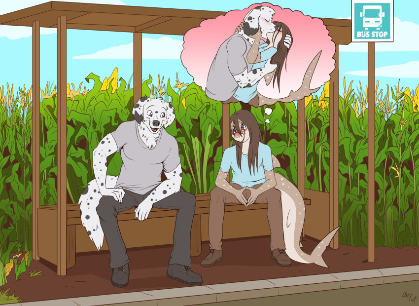 2021 anthro bench big_tail biped bird_dog black_spots bottomwear canid canine canis carpet_shark chest_tuft claws clothed clothing corn cornstalks countershade_face countershade_tail countershade_torso countershading dalmatian day domestic_dog dorsal_fin duo embrace eyebrows eyewear fin fish floppy_ears fluffy fluffy_ears fluffy_tail food footwear fuf glasses golden_retriever green_body hair hi_res hunting_dog kissing long_hair looking_at_another male male/male mammal marine mixed_breed multicolored_body on_bench open_mouth open_smile outside pants plant retriever shark shirt shoes sitting smile spots spotted_body tail tail_fin teeth thought_bubble toby_(rileyrivers) tongue topwear tuft two_tone_body whale_shark white_body