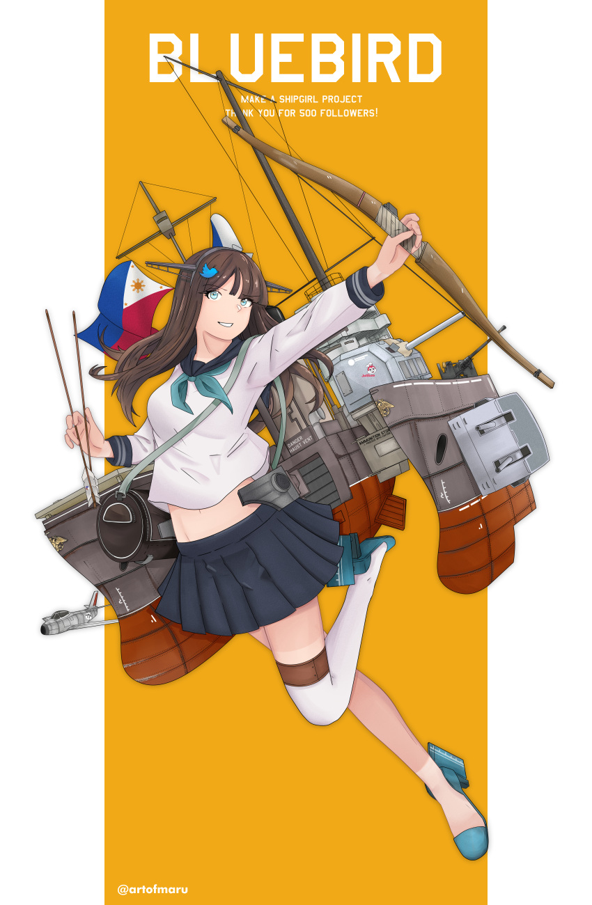 1girl absurdres arrow_(projectile) bag bananamaru black_skirt blue_eyes bow_(weapon) brown_hair commentary english_commentary english_text full_body green_neckerchief headgear highres holding holding_arrow holding_bow_(weapon) holding_weapon leg_up logo_hair_ornament long_hair machinery midriff navel neckerchief orange_background original philippine_flag pleated_skirt sailor_collar school_bag school_uniform serafuku simple_background single_thighhigh skirt solo thighhighs twitter twitter_logo weapon white_thighhighs