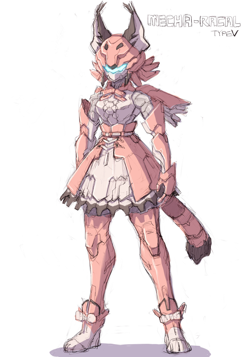 1girl animal_ears blue_eyes caracal_(kemono_friends) caracal_ears cat_ears cat_girl cat_tail elbow_gloves extra_ears full_body gloves highres humanoid_robot kemono_friends kosai_takayuki looking_at_viewer orange_hair robot robot_ears robot_girl simple_background skirt solo tail white_background