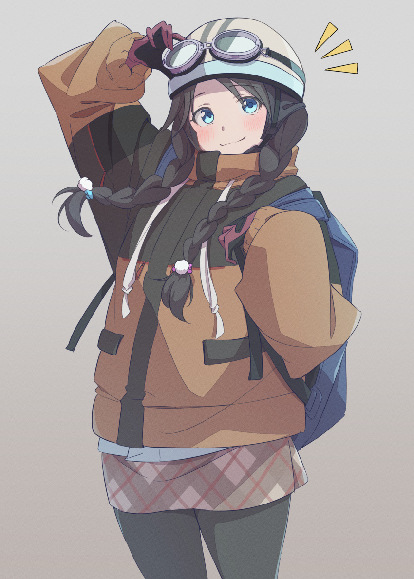 1girl absurdres adjusting_goggles backpack bag black_gloves black_hair blue_bag blue_eyes braid brown_coat brown_skirt closed_mouth coat cowboy_shot drawstring eito12 gloves goggles goggles_on_headwear green_coat grey_pantyhose hat highres holding_strap idolmaster idolmaster_shiny_colors light_blush long_hair long_sleeves low_twin_braids mitsumine_yuika multicolored_clothes multicolored_coat multicolored_gloves pantyhose pink_gloves plaid plaid_skirt pom_pom_(clothes) skirt smile solo twin_braids two-tone_gloves