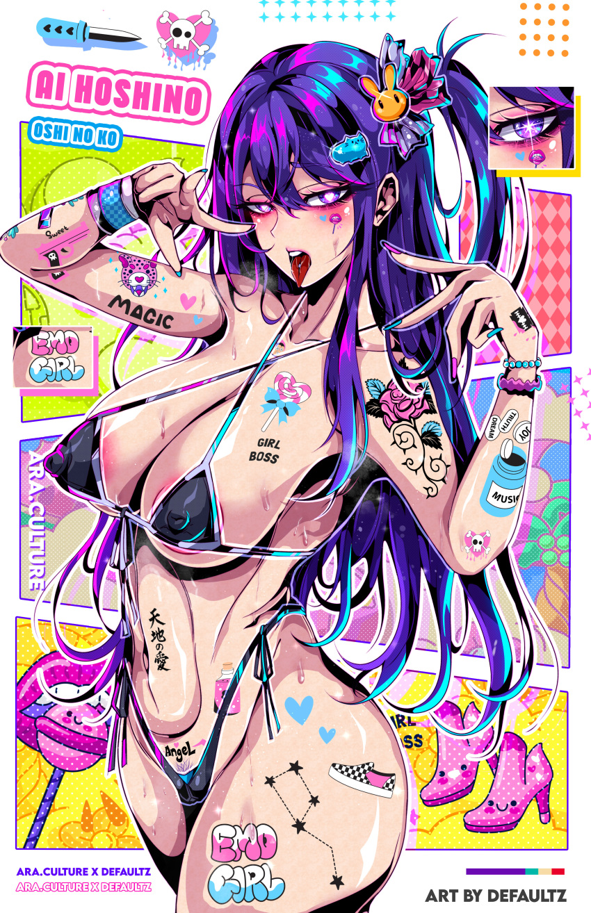 1girl absurdres ahegao artist_name bare_shoulders bead_bracelet beads big_dipper bikini black_bikini blue_bracelet blue_nails blush body_writing bracelet breasts cameltoe candy cat_hair_ornament character_name collarbone colored_pubic_hair commentary constellation copyright_name covered_nipples defaultz english_commentary english_text facial_mark food hair_between_eyes hair_ornament hair_ribbon heart heart-shaped_pupils heart_facial_mark highres hoshino_ai_(oshi_no_ko) jewelry large_breasts lollipop long_hair looking_at_viewer micro_bikini nail_polish one_side_up open_mouth oshi_no_ko pink_nails pink_ribbon pubic_hair purple_eyes purple_hair rabbit_hair_ornament ribbon saliva scrunchie sidelocks skull solo star-shaped_pupils star_(symbol) star_hair_ornament sticker stomach swimsuit swirl_lollipop symbol-shaped_pupils tattoo thighs tongue tongue_out white_background wrist_scrunchie