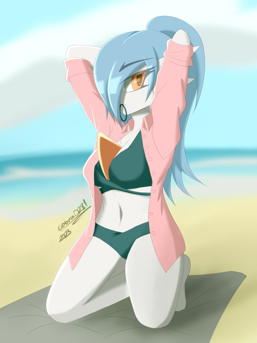 2023 alyx_(cobra0281) beach bikini blue_hair breasts cleavage clothed clothing cobra0281 female gardevoir generation_3_pokemon hair hair_over_eye hair_tie_in_mouth hands_behind_head hi_res humanoid kneeling looking_at_viewer medium_breasts midriff navel nintendo not_furry one_eye_obstructed open_clothing open_shirt open_topwear orange_eyes pokemon pokemon_(species) ponytail pose seaside shiny_pokemon shirt signature solo summer swimwear topwear