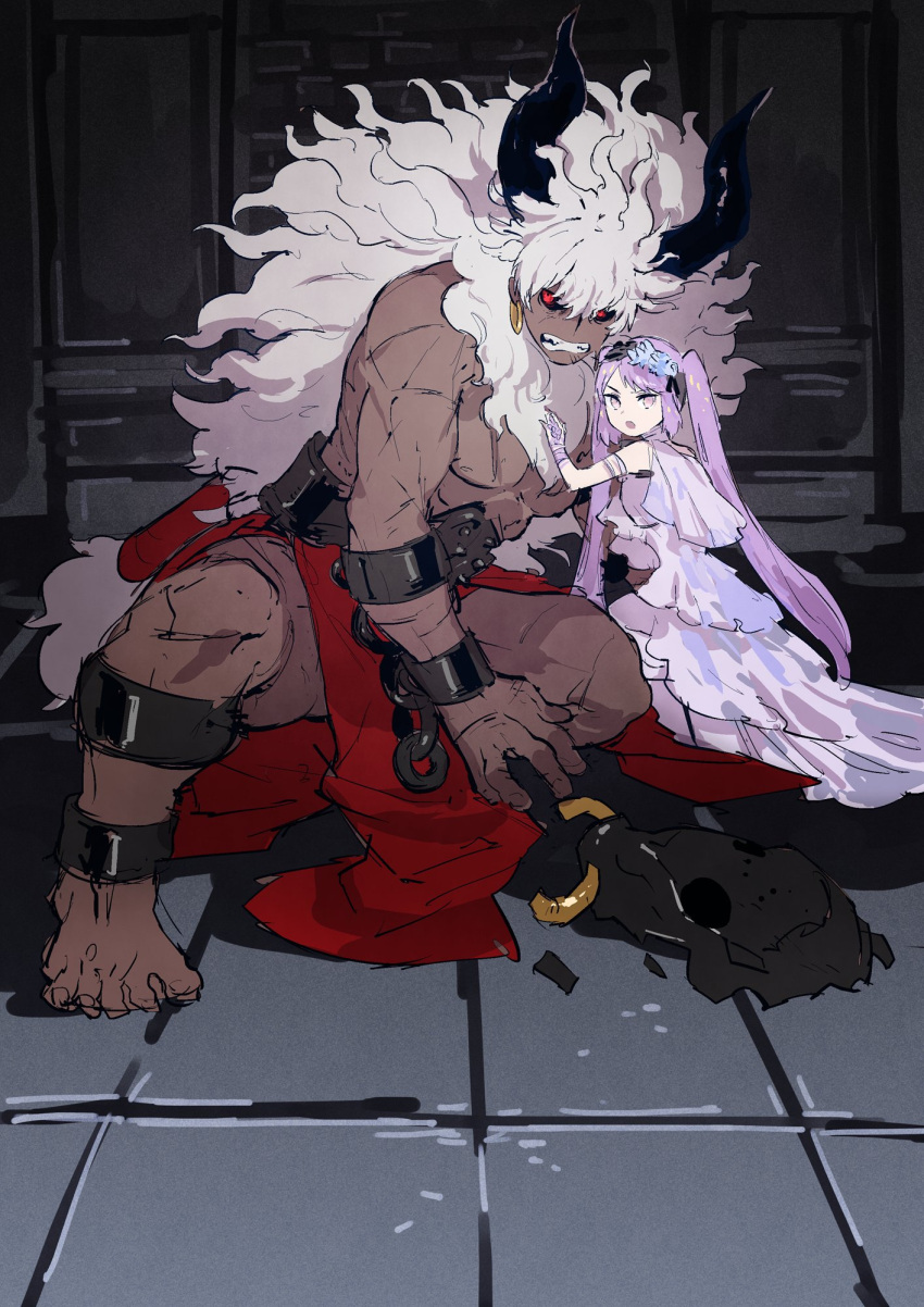 1boy 1girl asterios_(fate) black_horns black_sclera colored_sclera dress euryale_(fate) fate/grand_order fate_(series) grimace highres horns long_hair mane pectorals purple_eyes purple_hair red_eyes scar scar_on_arm scar_on_chest squatting tetsu_(teppei) twintails very_long_hair white_dress white_hair