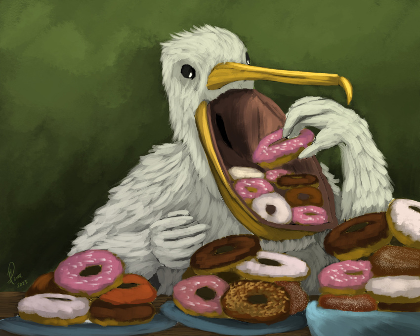 absurd_res anthro avian baked_goods bird birdtember bowl container dessert doughnut eating feathers food full_mouth furniture hi_res icing male pelecaniform pelican plate simple_background solo stuffing table yenocwolf