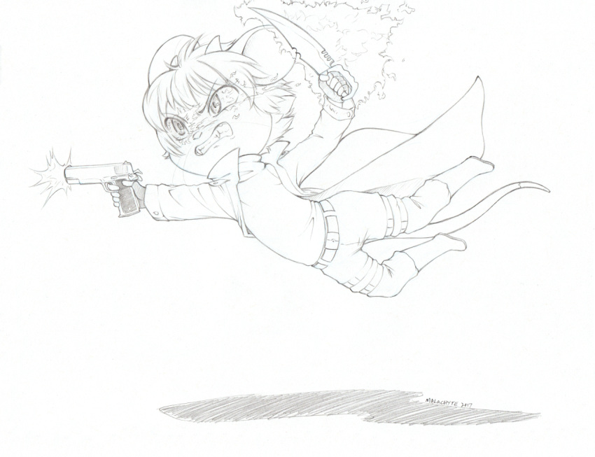 2017 2_horns action_pose angry anthro biped black_and_white boots bottomwear chibi clenched_teeth clothed clothing coat cyprus_(cy) eyebrows footwear glowing glowing_eyes gun hair holding_gun holding_knife holding_melee_weapon holding_object holding_weapon horn jumping knife magic magic_user malachyte male mammal monochrome mouse murid murine open_clothing open_coat open_topwear pants pose ranged_weapon rodent shirt shooting short_hair simple_background sketch solo teeth topwear weapon white_background
