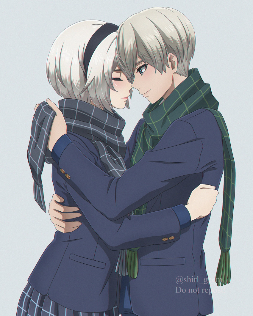 1boy 1girl arm_around_waist black_hairband black_scarf blue_eyes blue_jacket closed_eyes commentary contemporary english_commentary green_scarf grey_hair hairband hetero highres jacket medium_hair nier:automata nier_(series) pleated_skirt scarf school_uniform shirl_geem skirt smile yorha_no._2_type_b yorha_no._9_type_s