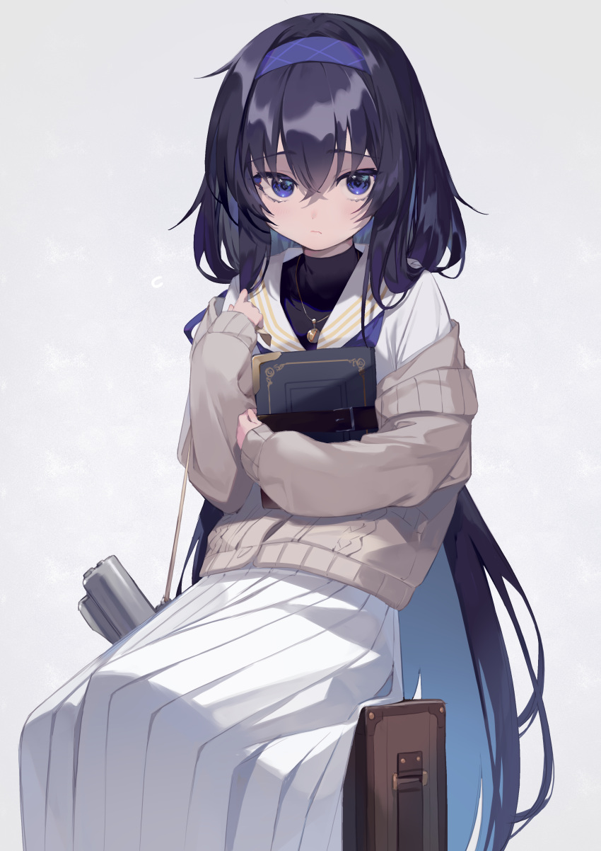 1girl absurdres amana_(pocketkey) black_hair blue_archive blue_eyes blue_hairband blue_neckerchief bolt_action book brown_cardigan cardigan crossed_bangs de_lisle_carbine gun hairband halo highres holding holding_book long_skirt low_twintails neckerchief pleated_skirt rifle sailor_collar school_uniform serafuku sitting skirt sling solo suppressor twintails ui_(blue_archive) weapon white_sailor_collar white_serafuku white_skirt