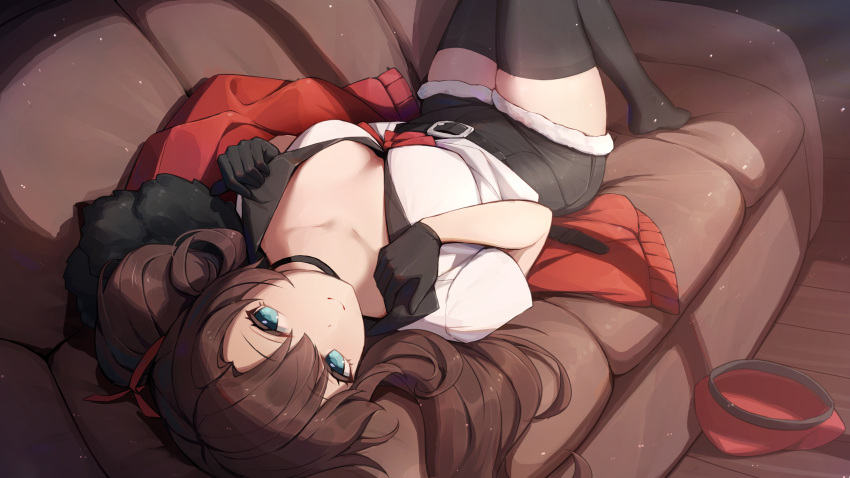 absurdres belt_buckle black_gloves black_shorts black_thighhighs blue_eyes breasts brown_hair buckle cleavage closed_mouth couch female_commander_(girls'_frontline) fur-trimmed_shorts fur_trim girls'_frontline gloves hair_ribbon hat highres jacket journey_in_the_auspicious_snow_(girls'_frontline) knees_up large_breasts light_particles long_hair looking_at_viewer looking_back on_couch original red_headwear red_jacket red_ribbon ribbon shirt short_sleeves shorts smile termichan_(not-a-bot) thighhighs twintails unworn_hat unworn_headwear unworn_jacket upside-down very_long_hair white_shirt wo_you_yibei_jia_wanli