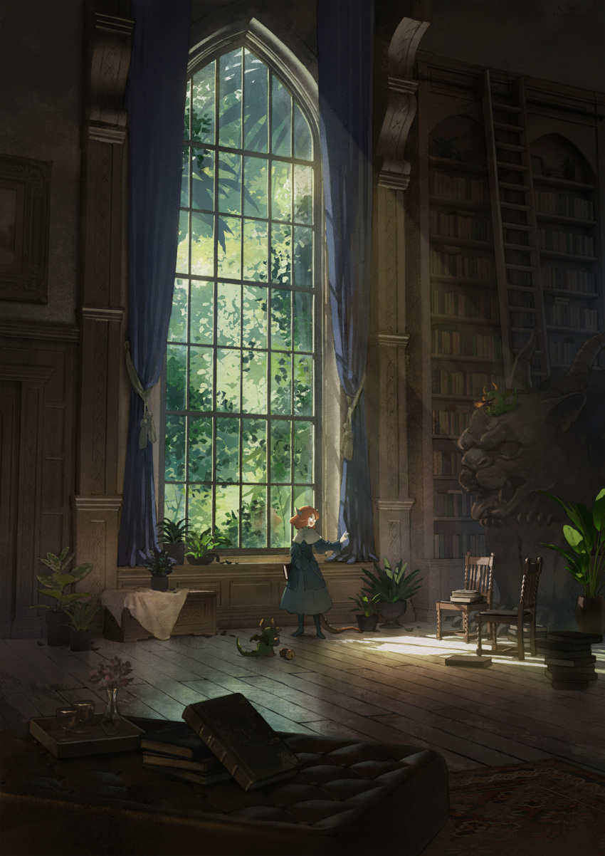 1girl book book_stack bookshelf chair creature curtains demon_horns dress glasses green_dress highres holding holding_book horns indoors original plant potted_plant red_hair scenery shimada_kiyoka solo statue tail window