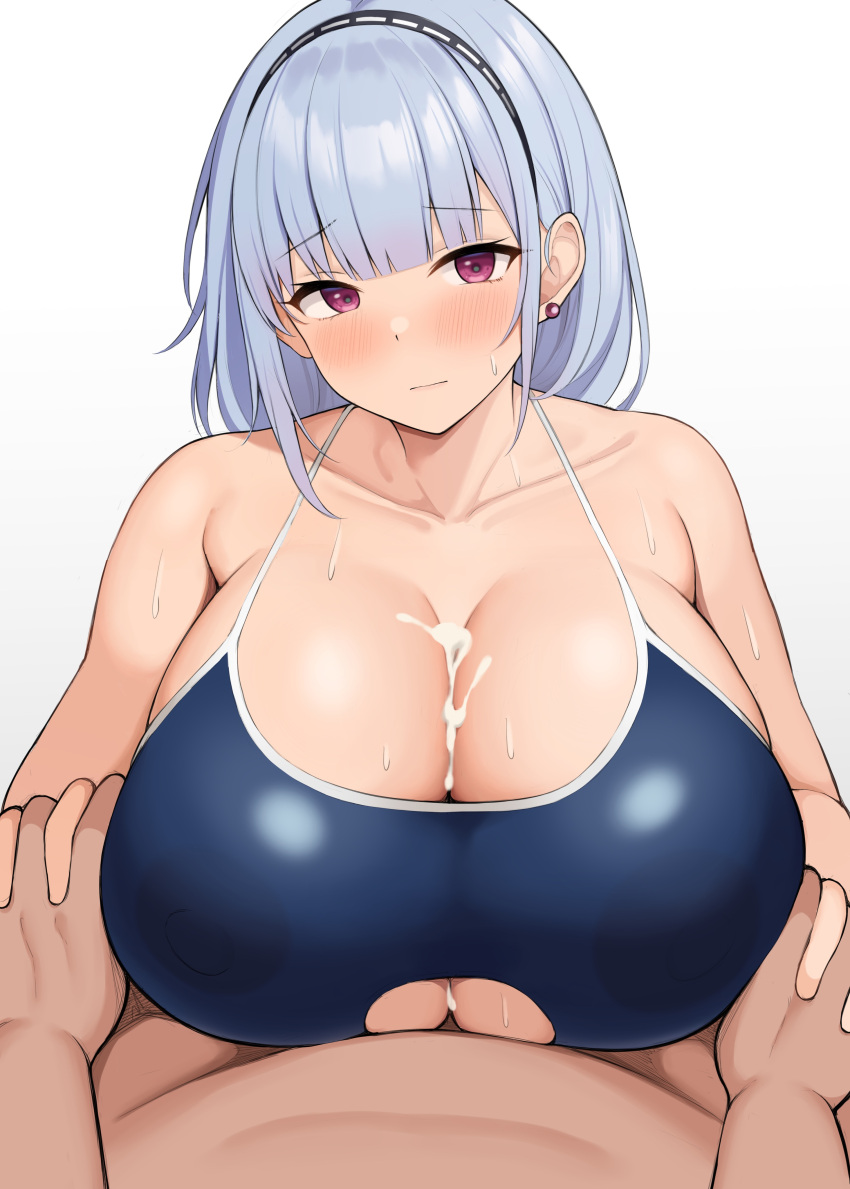1boy 1girl absurdres alternate_costume azur_lane black_hairband blue_one-piece_swimsuit blunt_bangs blush breasts cleavage_cutout closed_mouth clothed_sex clothing_cutout collarbone commentary cum cum_on_body cum_on_breasts dark-skinned_male dark_skin dido_(azur_lane) ear_piercing grey_hair hairband hetero highres holding_hands huge_breasts interlocked_fingers looking_at_viewer medium_hair neneneji one-piece_swimsuit paizuri paizuri_under_clothes piercing pov purple_eyes school_swimsuit simple_background solo_focus sweat swimsuit underboob upper_body white_background